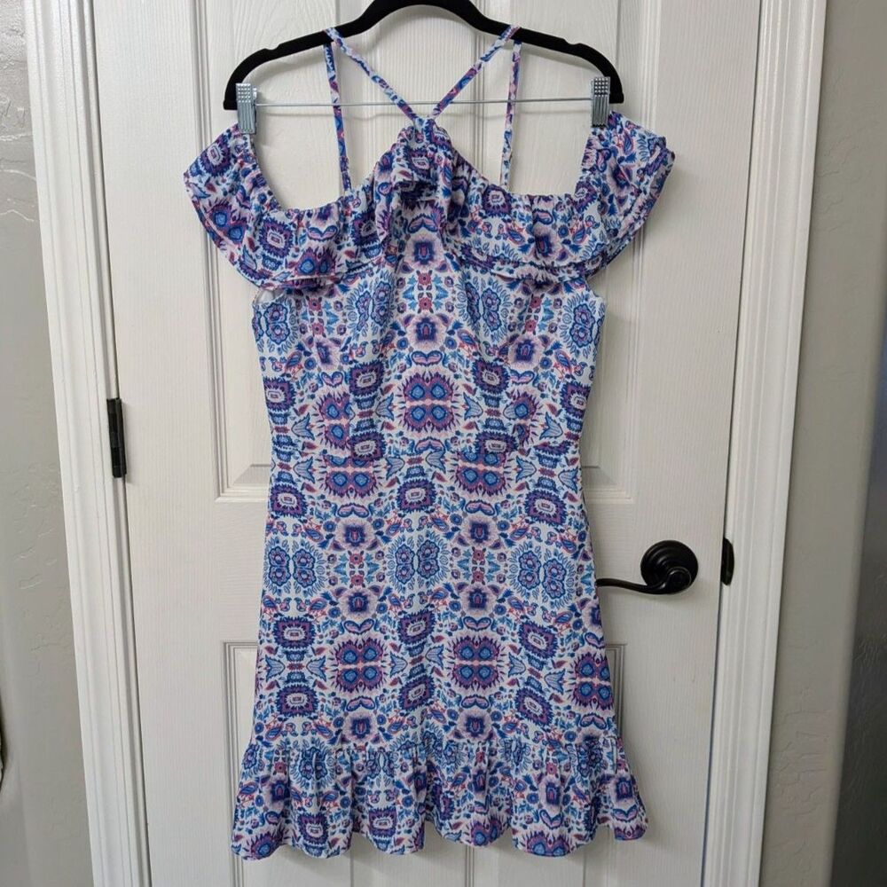 NWT! Aqua Geo Floral Print Halter Off the Shoulder Ruffle Dress | SZ Med